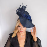 Navy blue large woven straw flower feather fascinator hat - House of Hats