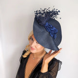 Navy blue large woven straw flower feather fascinator hat - House of Hats