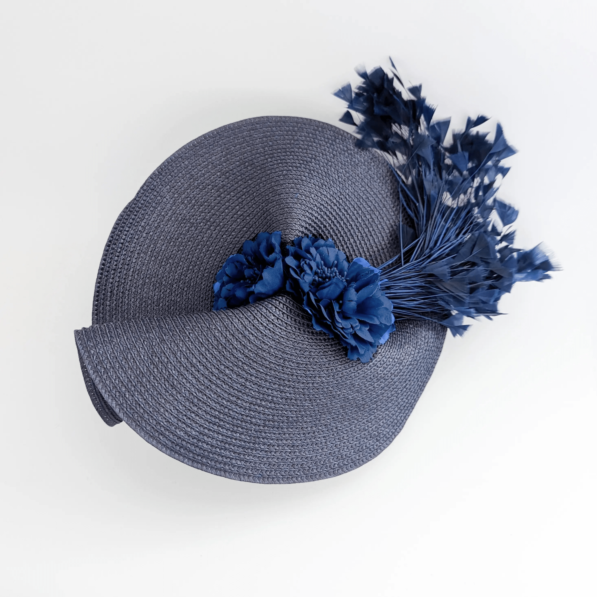 Navy blue large woven straw flower feather fascinator hat - House of Hats