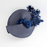Navy blue large woven straw flower feather fascinator hat - House of Hats