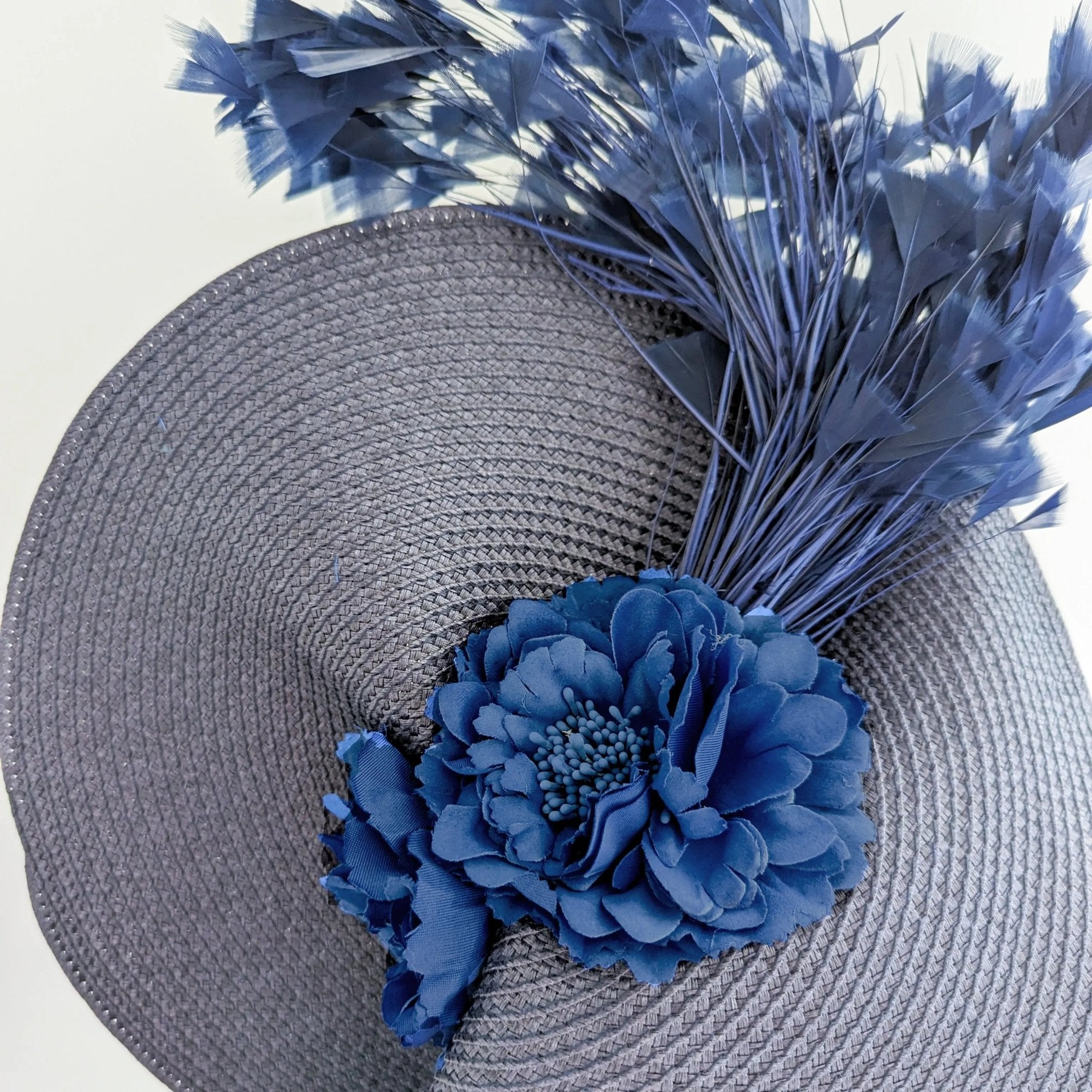 Navy blue large woven straw flower feather fascinator hat - House of Hats