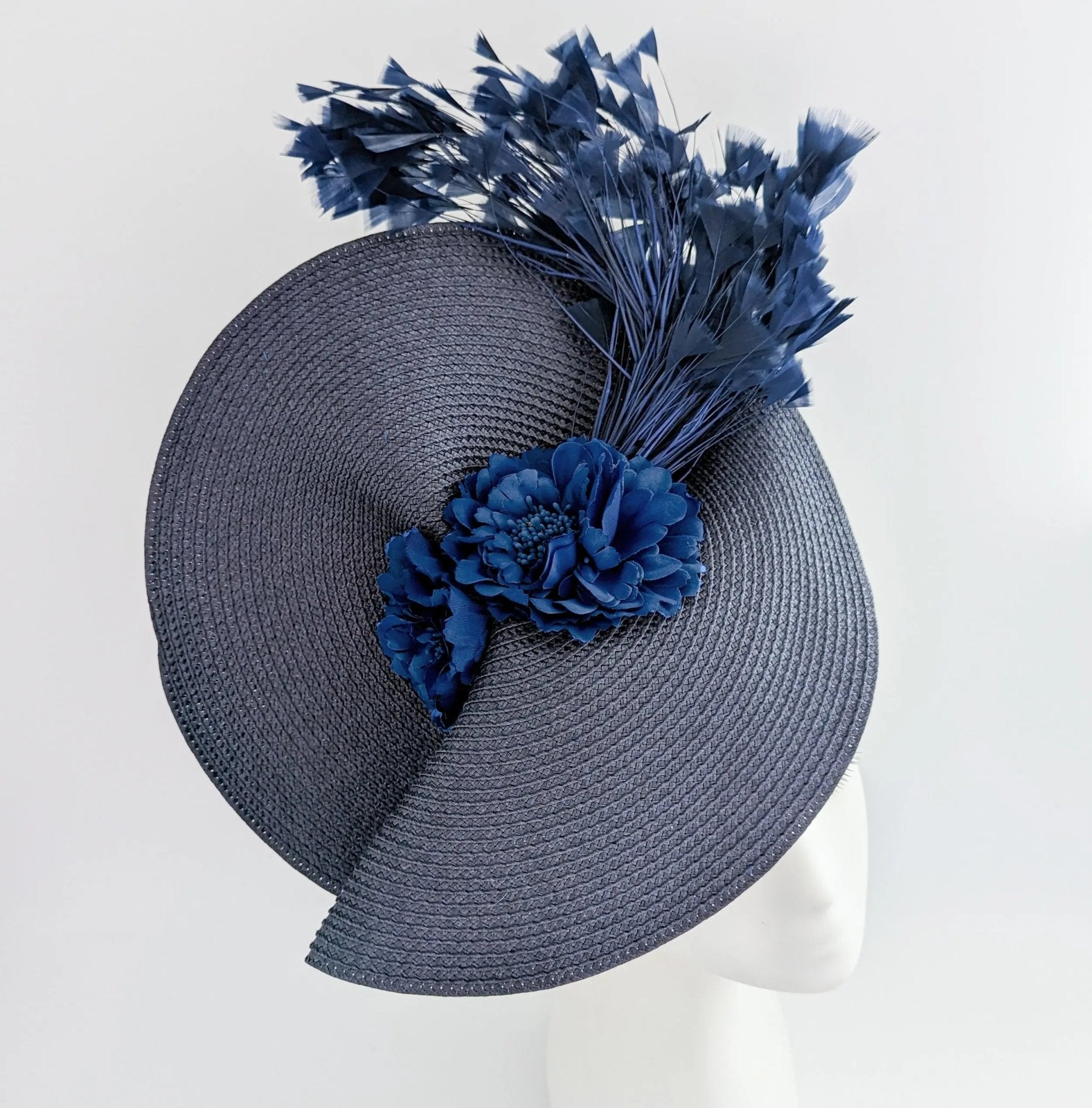 Navy blue large woven straw flower feather fascinator hat - House of Hats