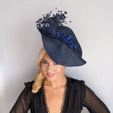 Navy blue large woven straw flower feather fascinator hat - House of Hats