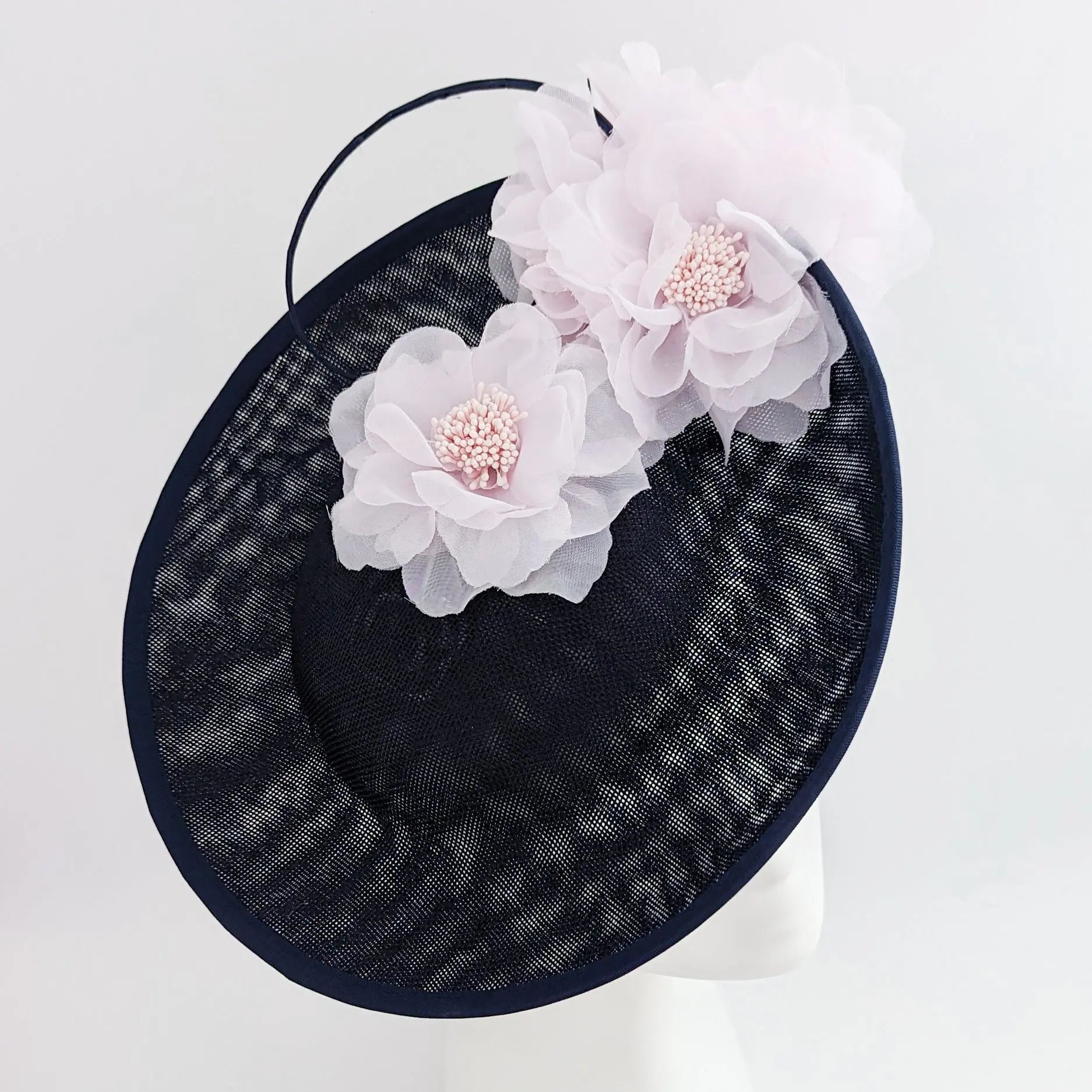 Navy blue light pink large flower saucer disc fascinator hat - House of Hats