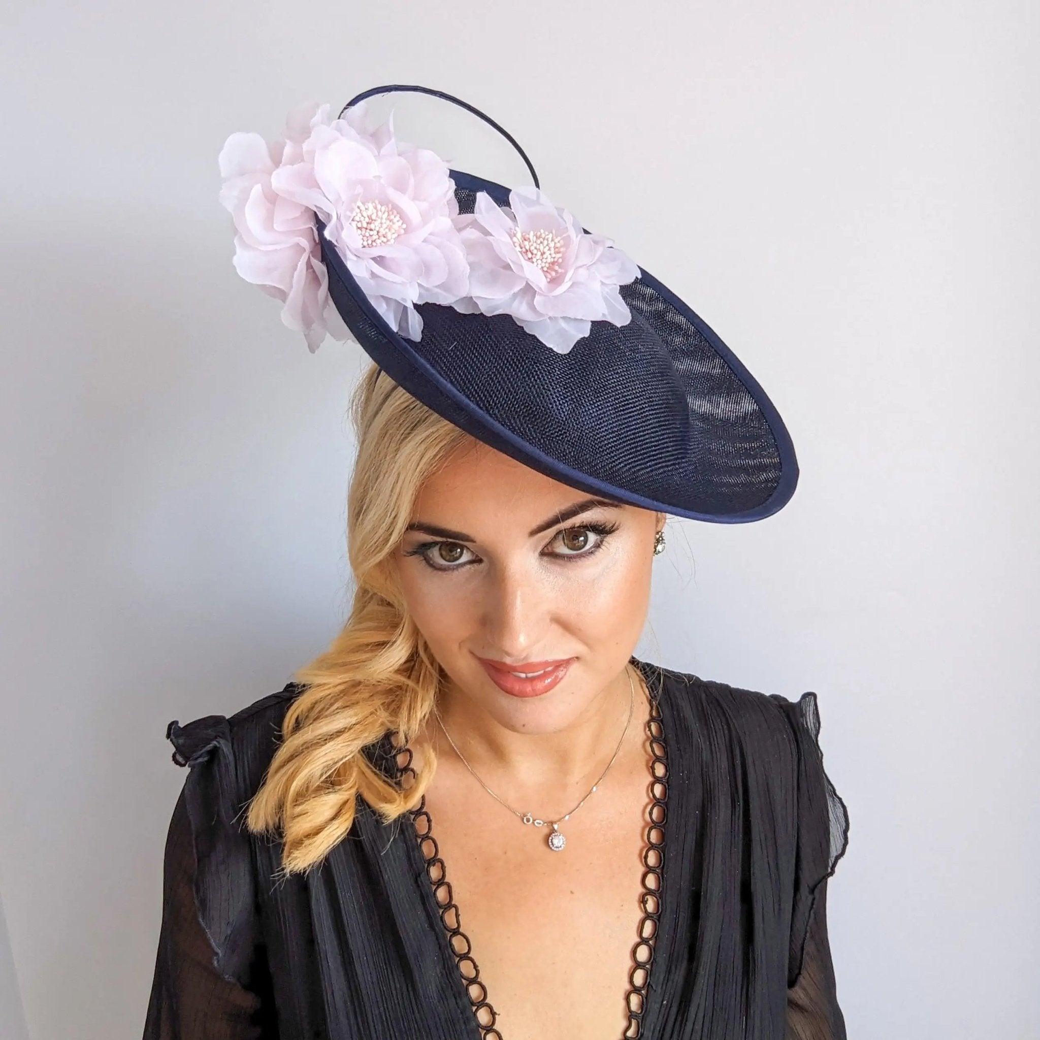Navy blue light pink large flower saucer disc fascinator hat - House of Hats