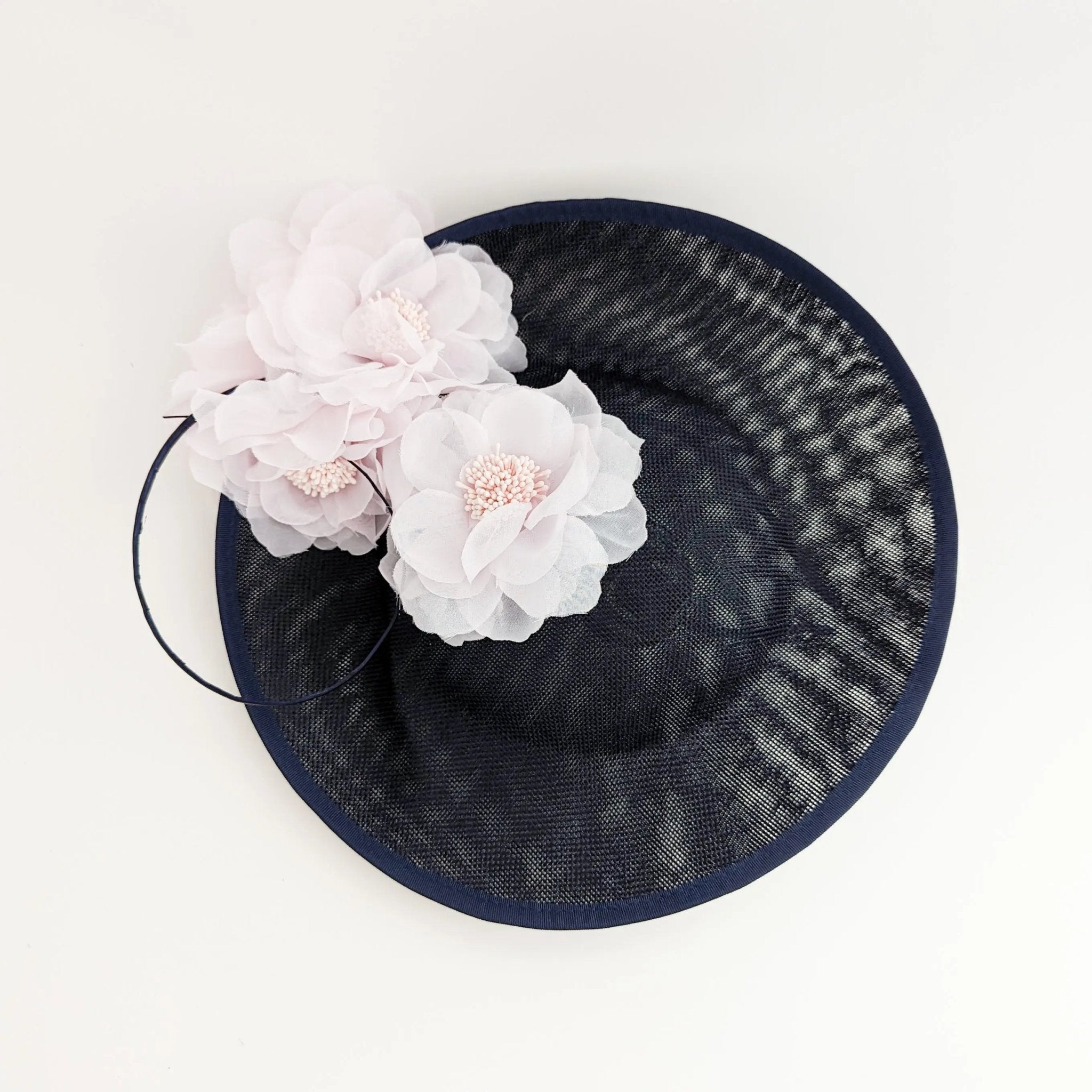 Navy blue light pink large flower saucer disc fascinator hat - House of Hats