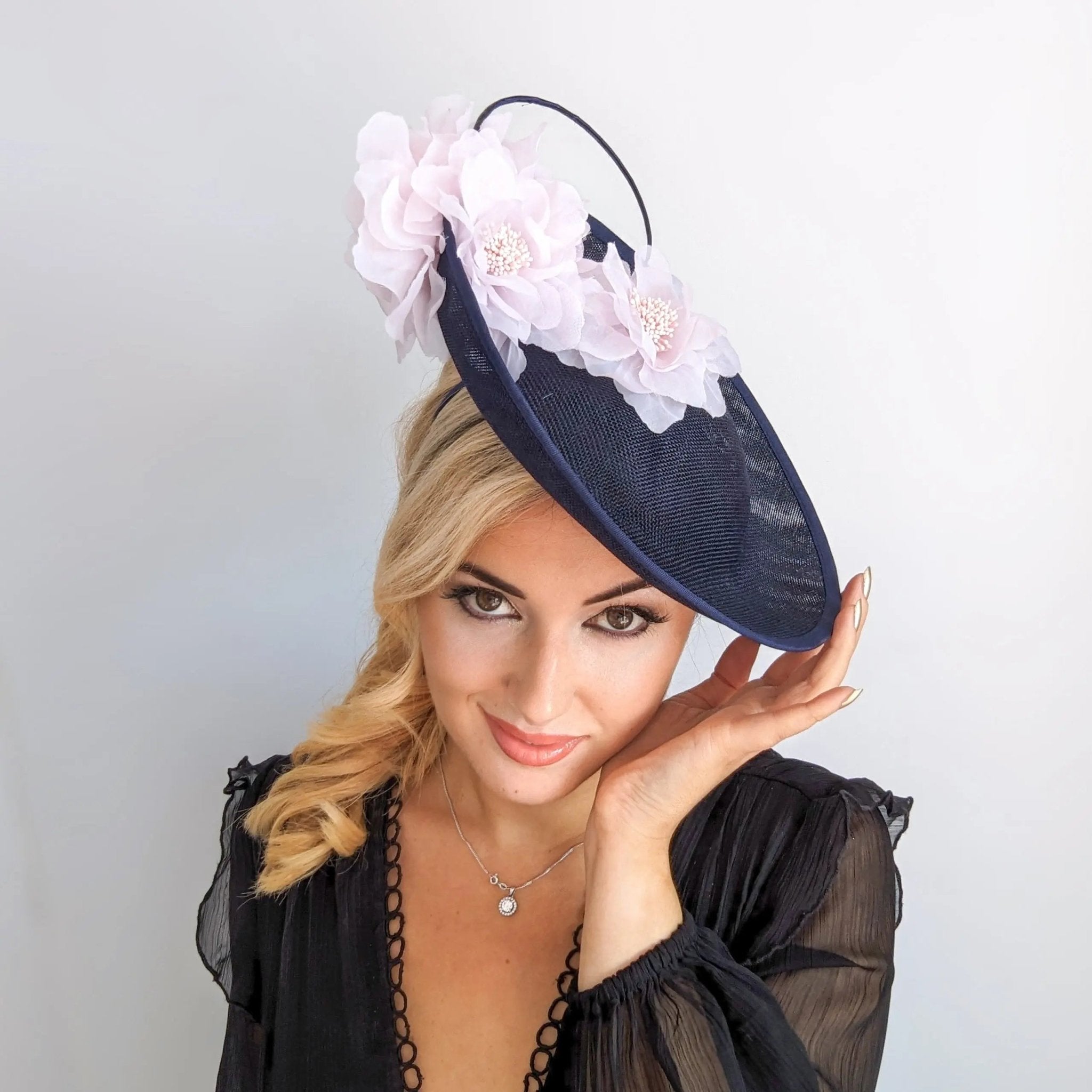Navy blue light pink large flower saucer disc fascinator hat - House of Hats