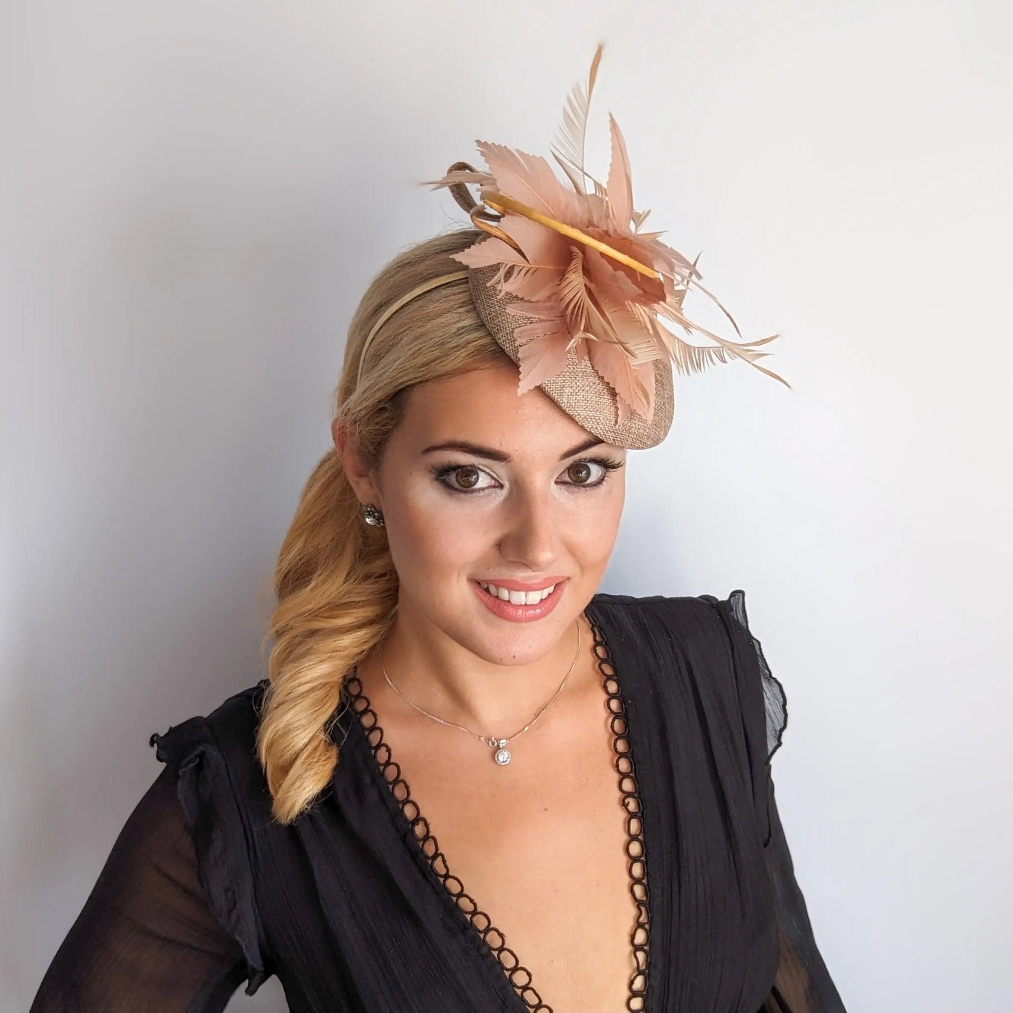 Nude blush pink feather fascinator hat - House of Hats