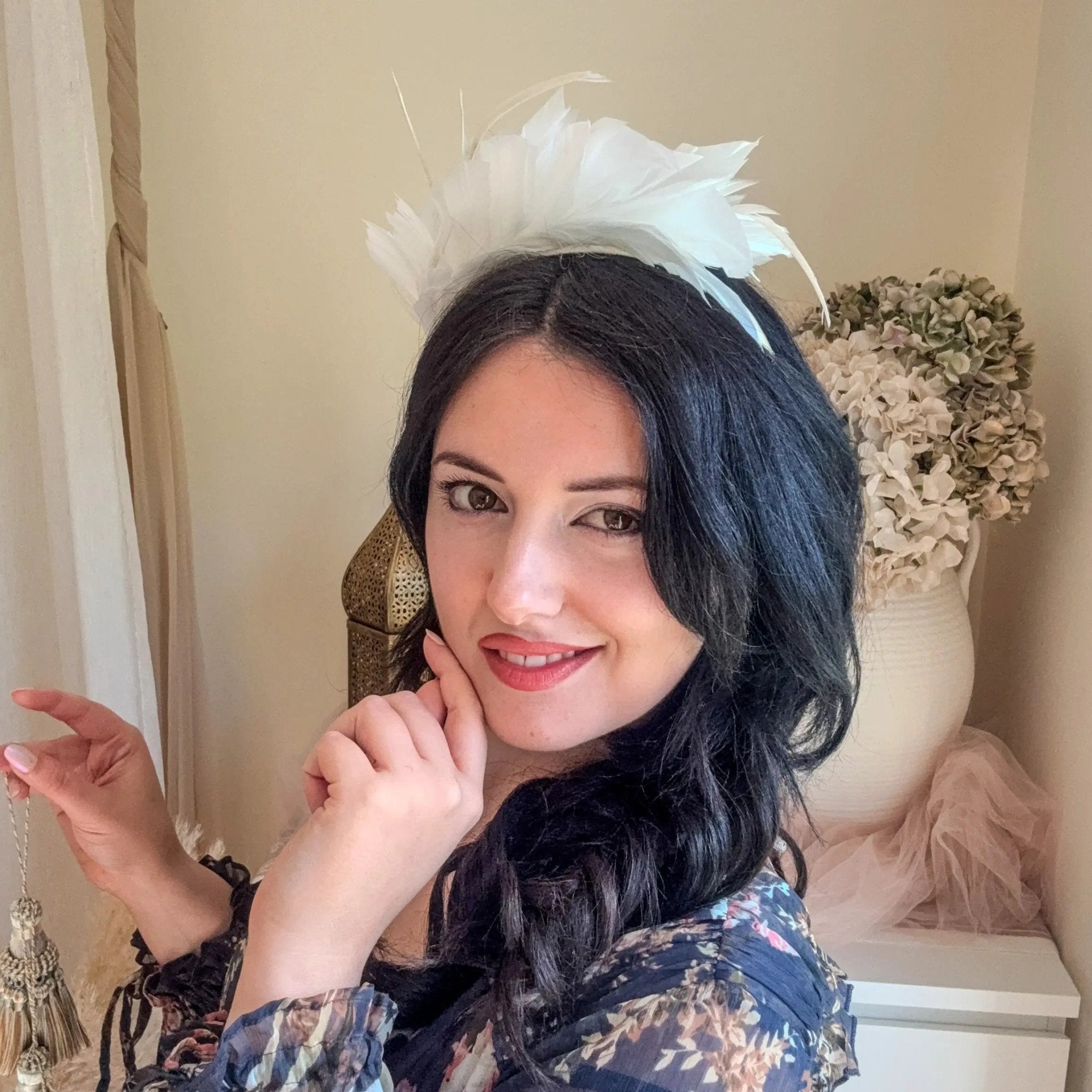 Off White feather satin headband fascinator - House of Hats