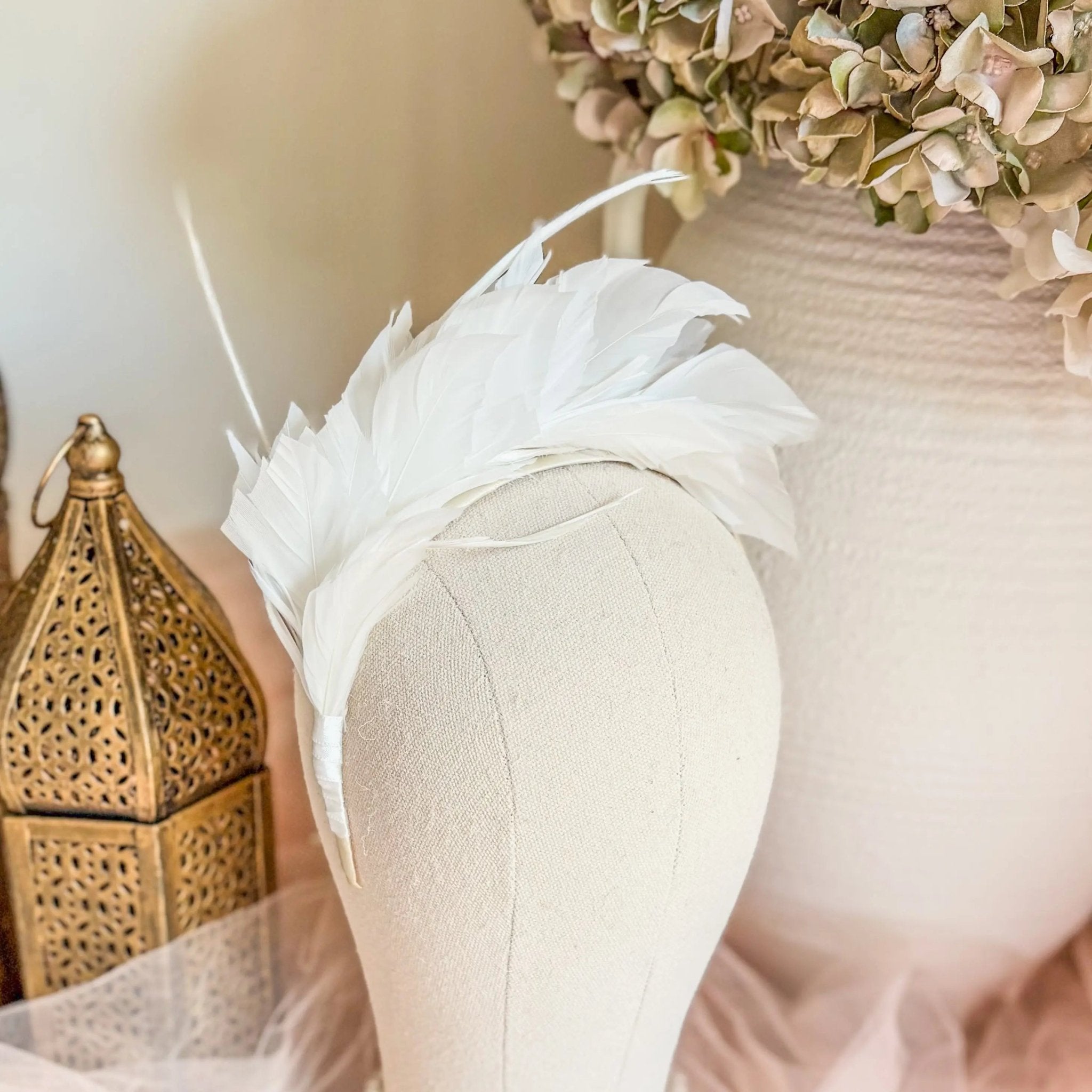 Off White feather satin headband fascinator - House of Hats