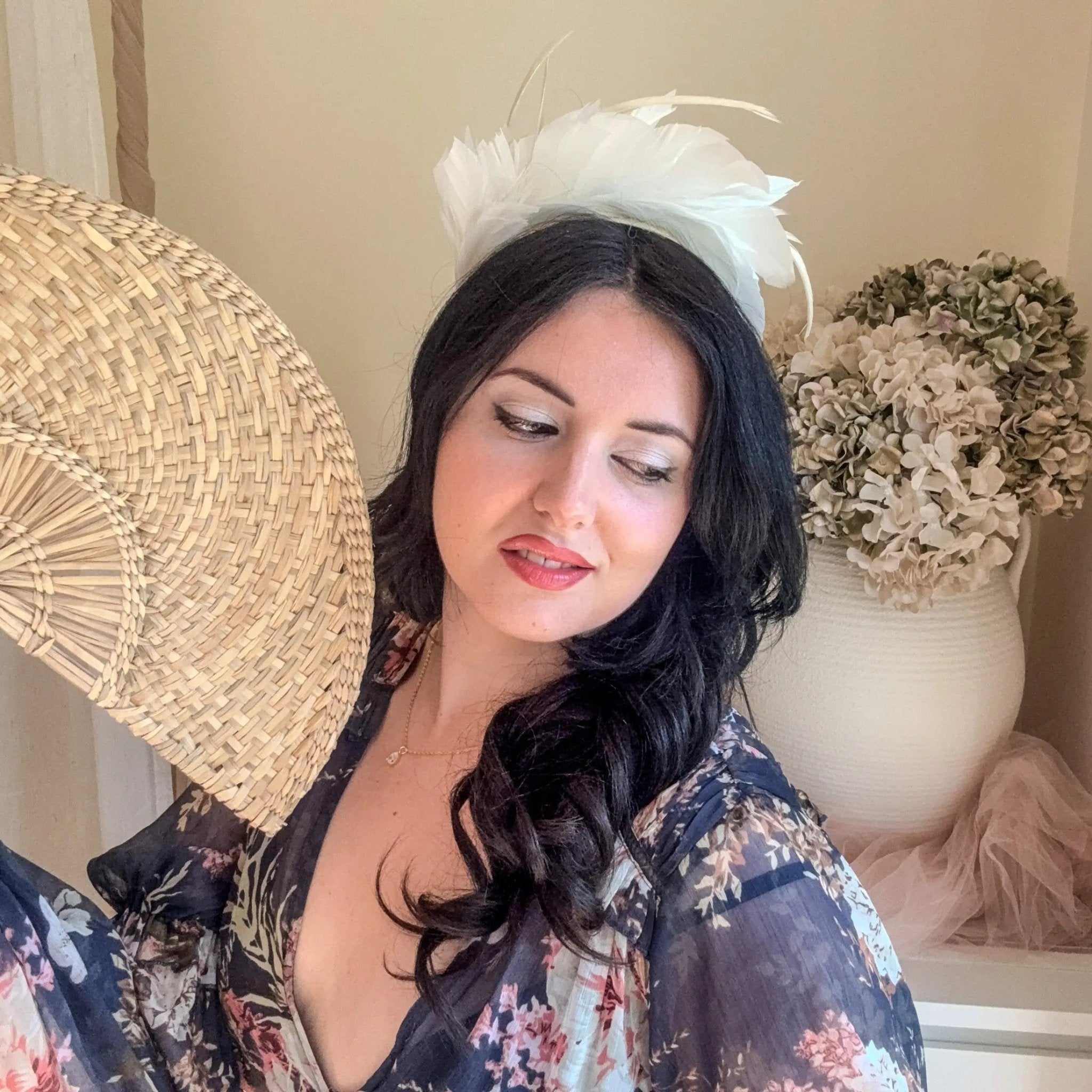 Off White feather satin headband fascinator - House of Hats