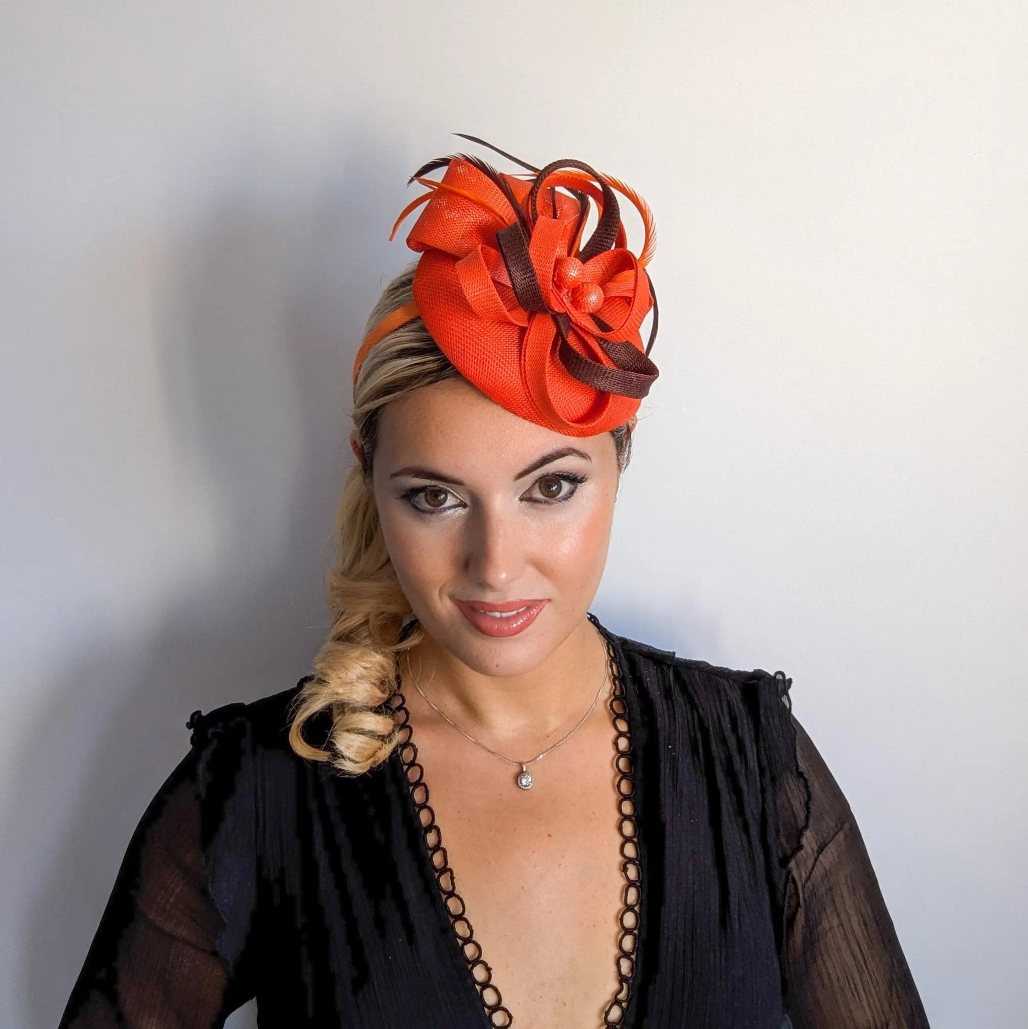 Orange brown feather fascinator disc saucer hat - House of Hats