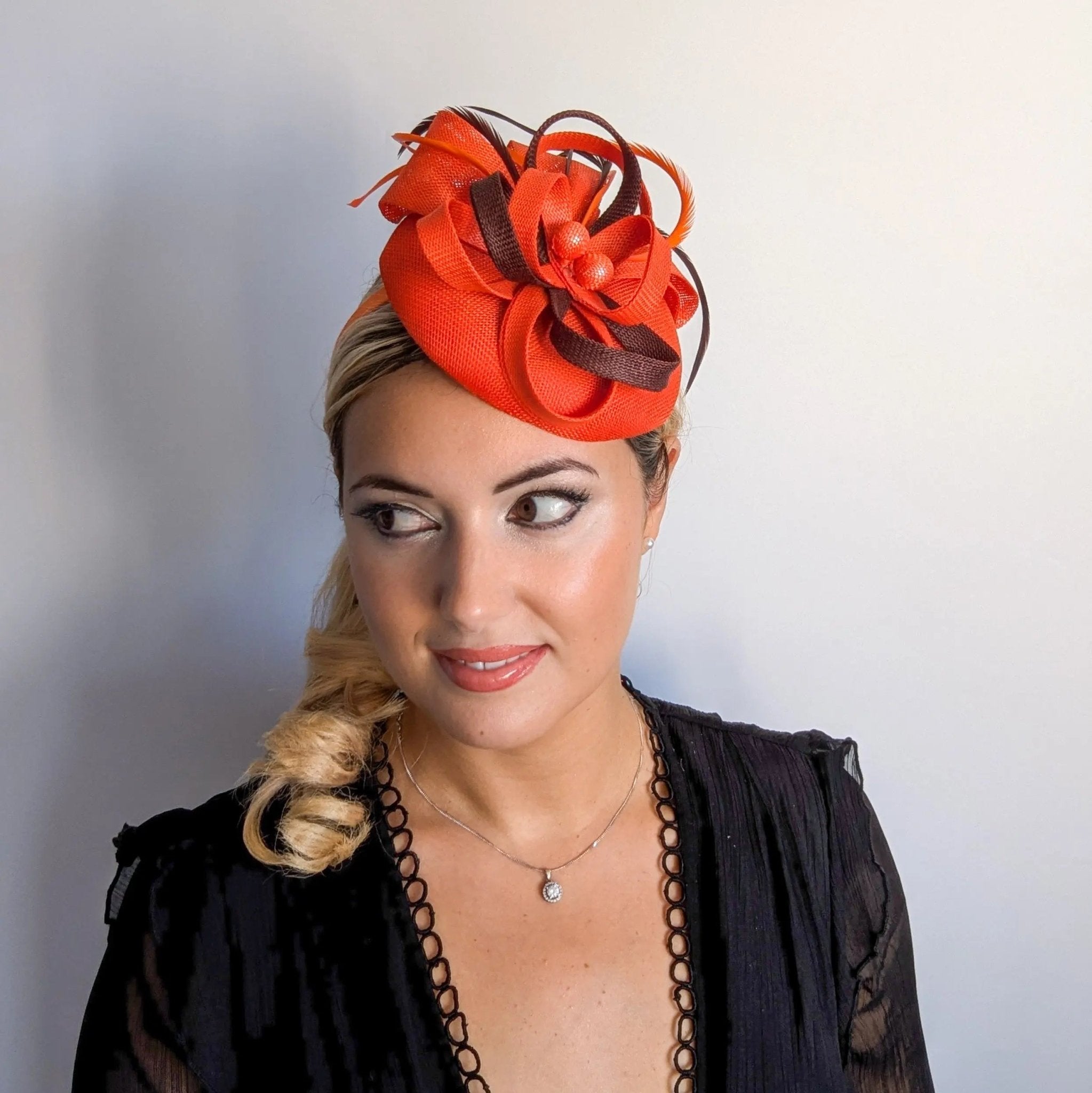 Orange brown feather fascinator disc saucer hat - House of Hats