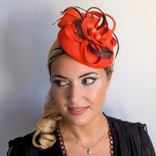 Orange brown feather fascinator disc saucer hat - House of Hats
