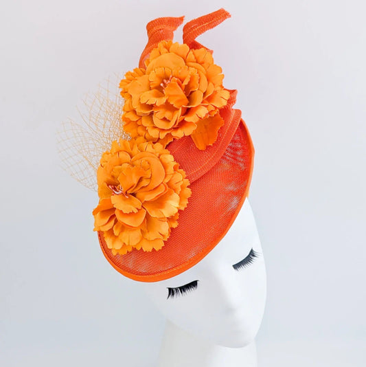 Orange flower fascinator disc saucer hat - House of Hats