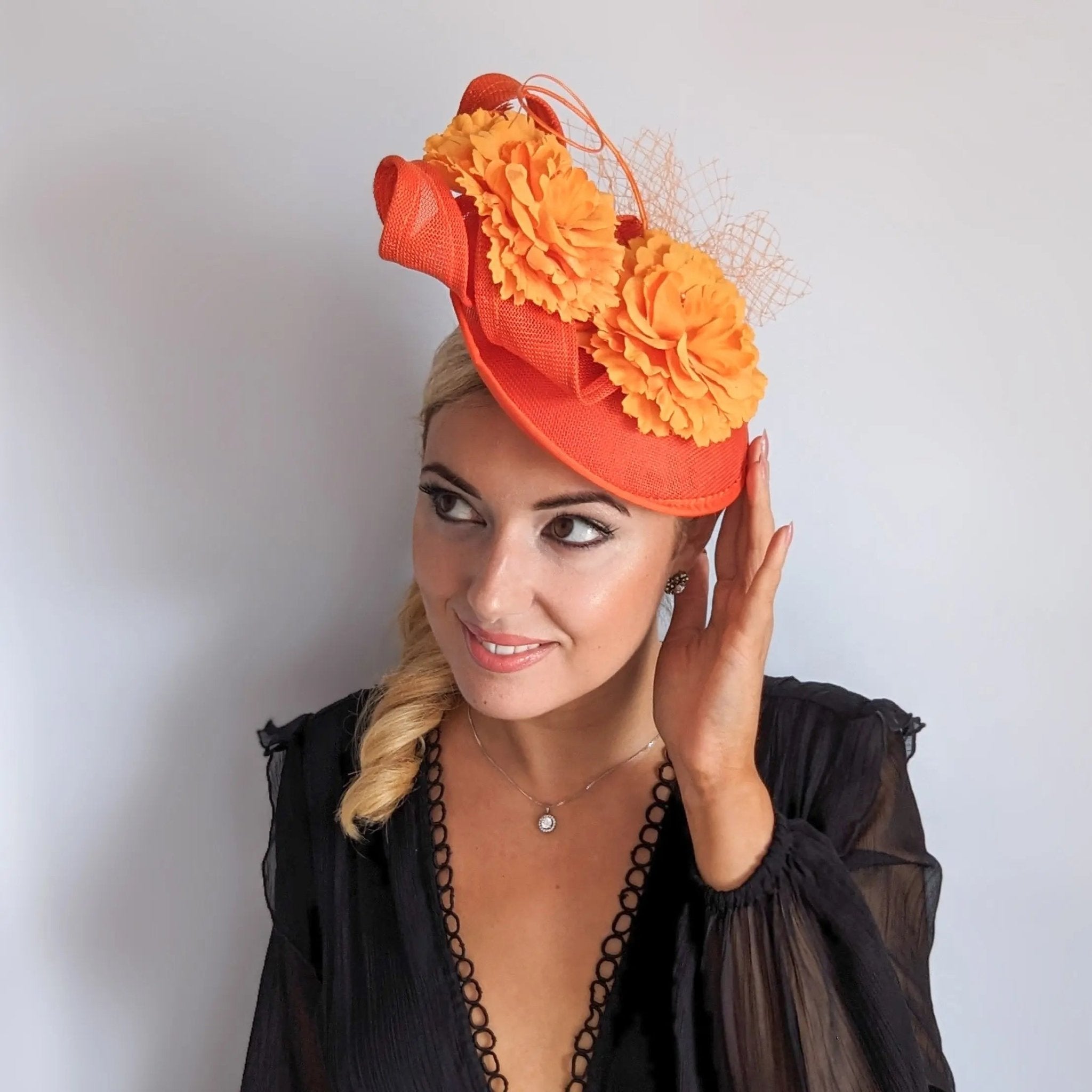 Orange flower fascinator disc saucer hat - House of Hats