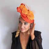Orange flower fascinator disc saucer hat - House of Hats