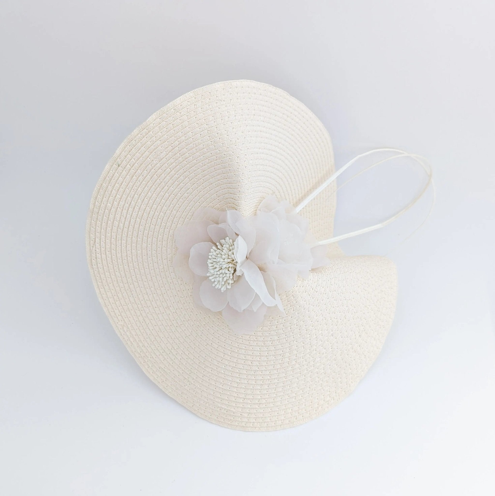 Pale peach large woven straw flower fascinator hat - House of Hats