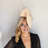Pale peach large woven straw flower fascinator hat - House of Hats