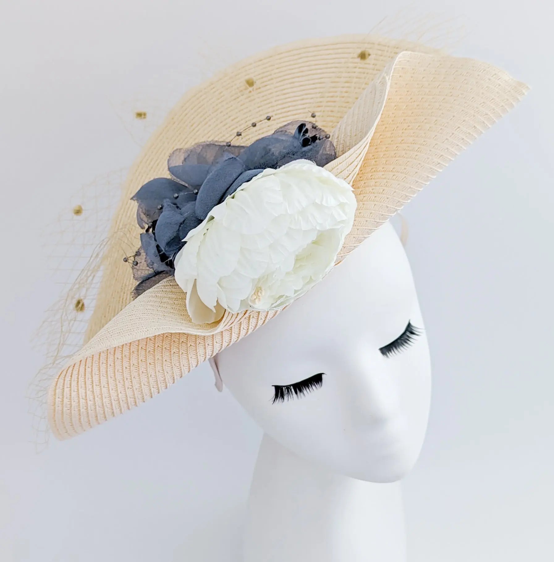 Pale peach large woven straw flower fascinator hat - House of Hats