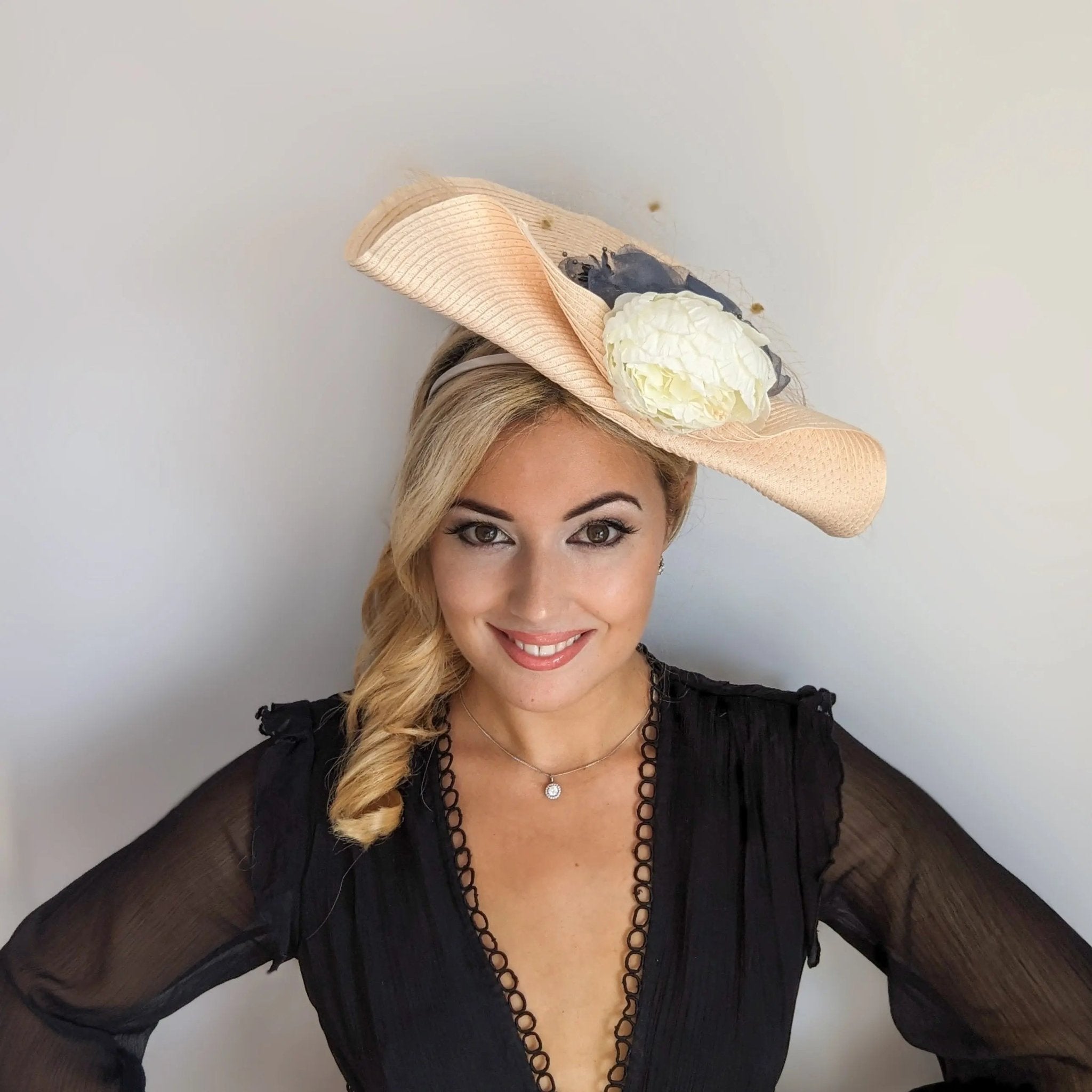Pale peach large woven straw flower fascinator hat - House of Hats