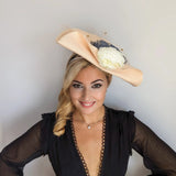 Pale peach large woven straw flower fascinator hat - House of Hats