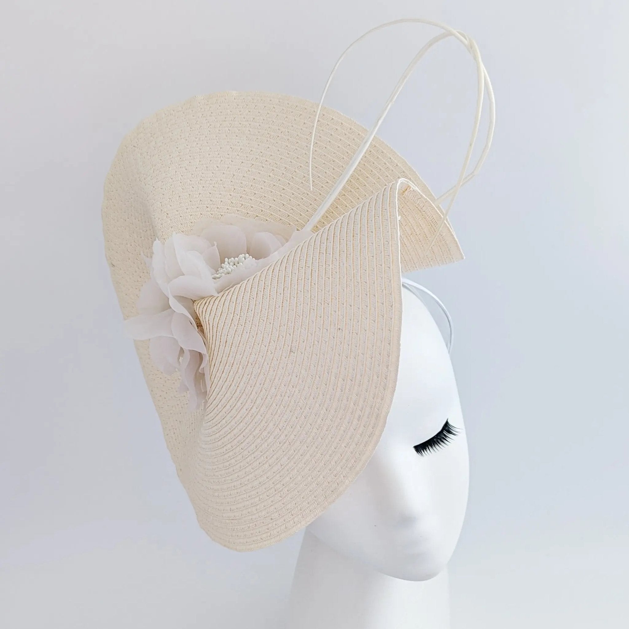 Pale peach large woven straw flower fascinator hat - House of Hats