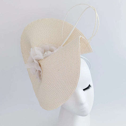 Pale peach large woven straw flower fascinator hat - House of Hats