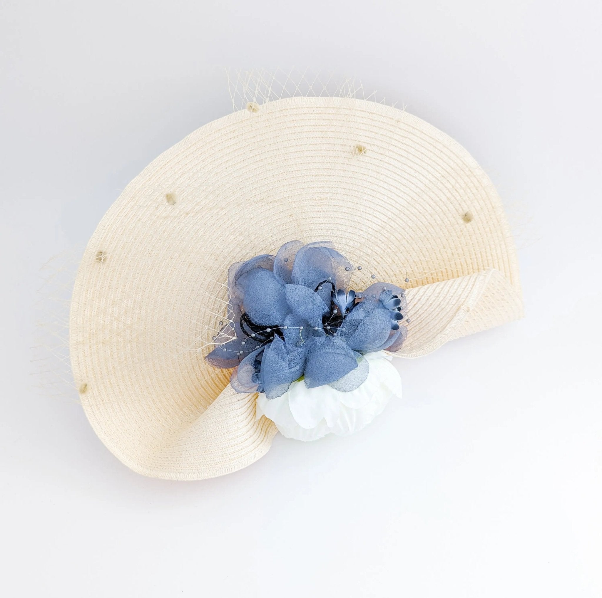Pale peach large woven straw flower fascinator hat - House of Hats