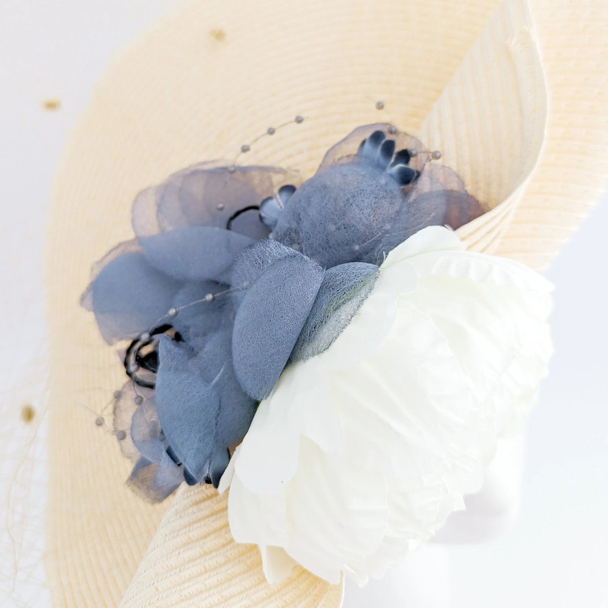 Pale peach large woven straw flower fascinator hat - House of Hats