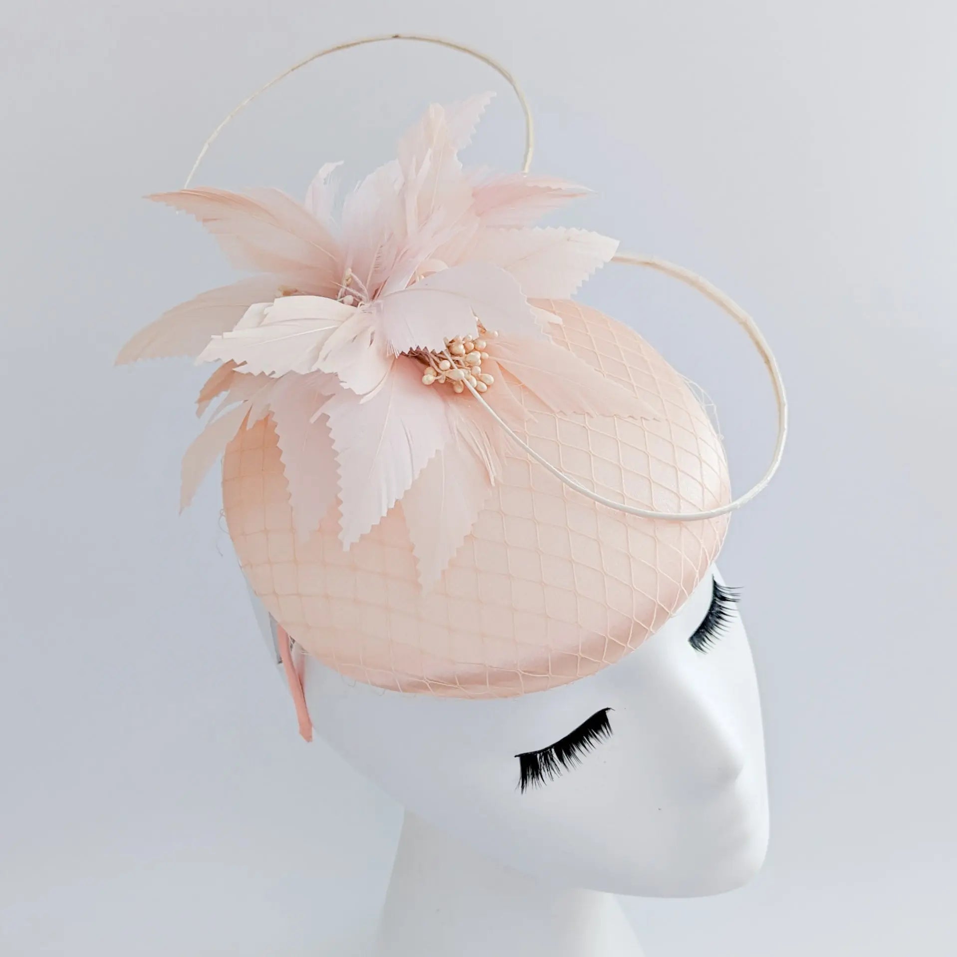 Peach feather satin fascinator hat - House of Hats
