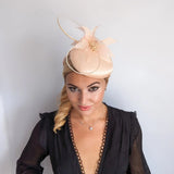 Peach feather satin fascinator hat - House of Hats