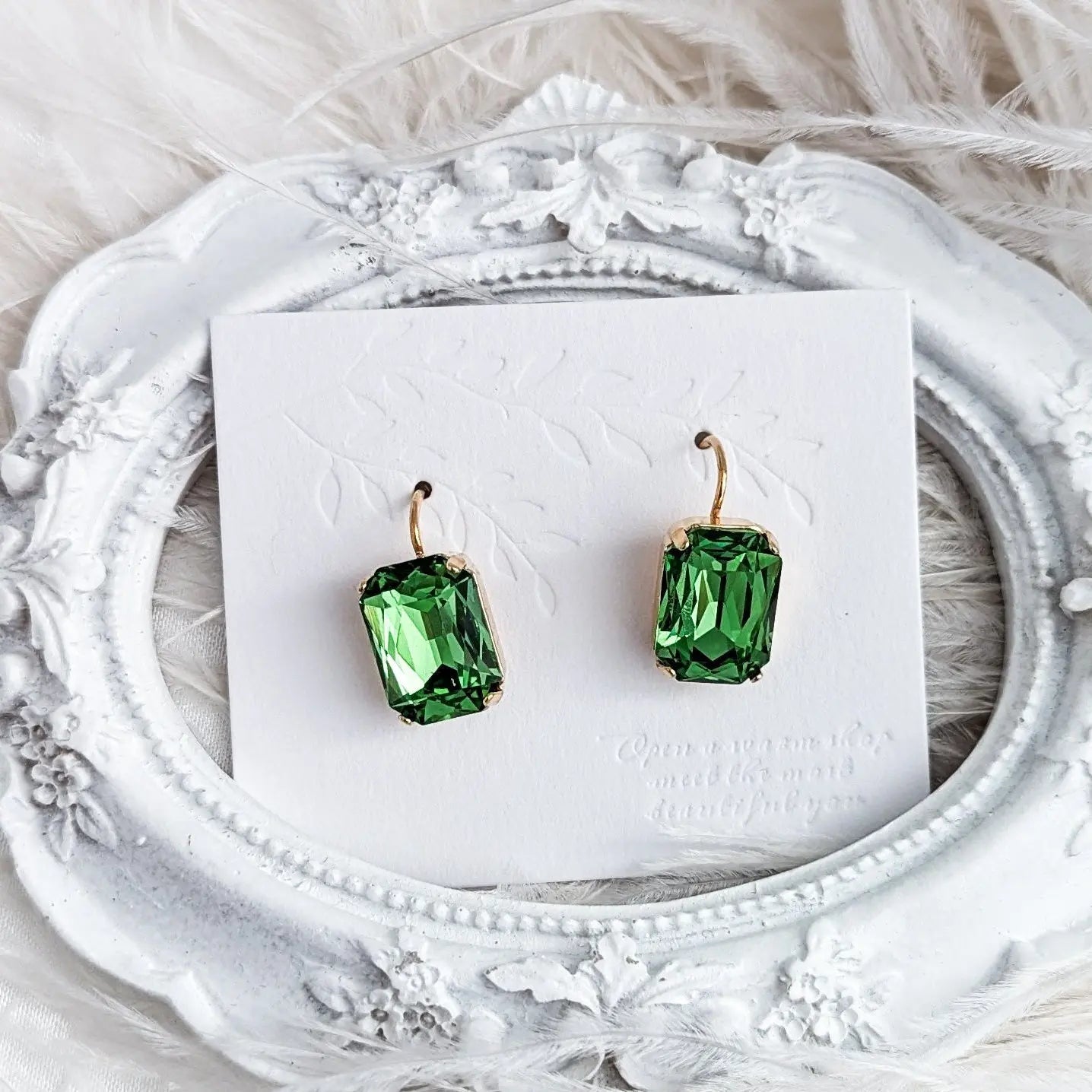 Peridot green crystal gold emerald cut drop earrings - House of Hats