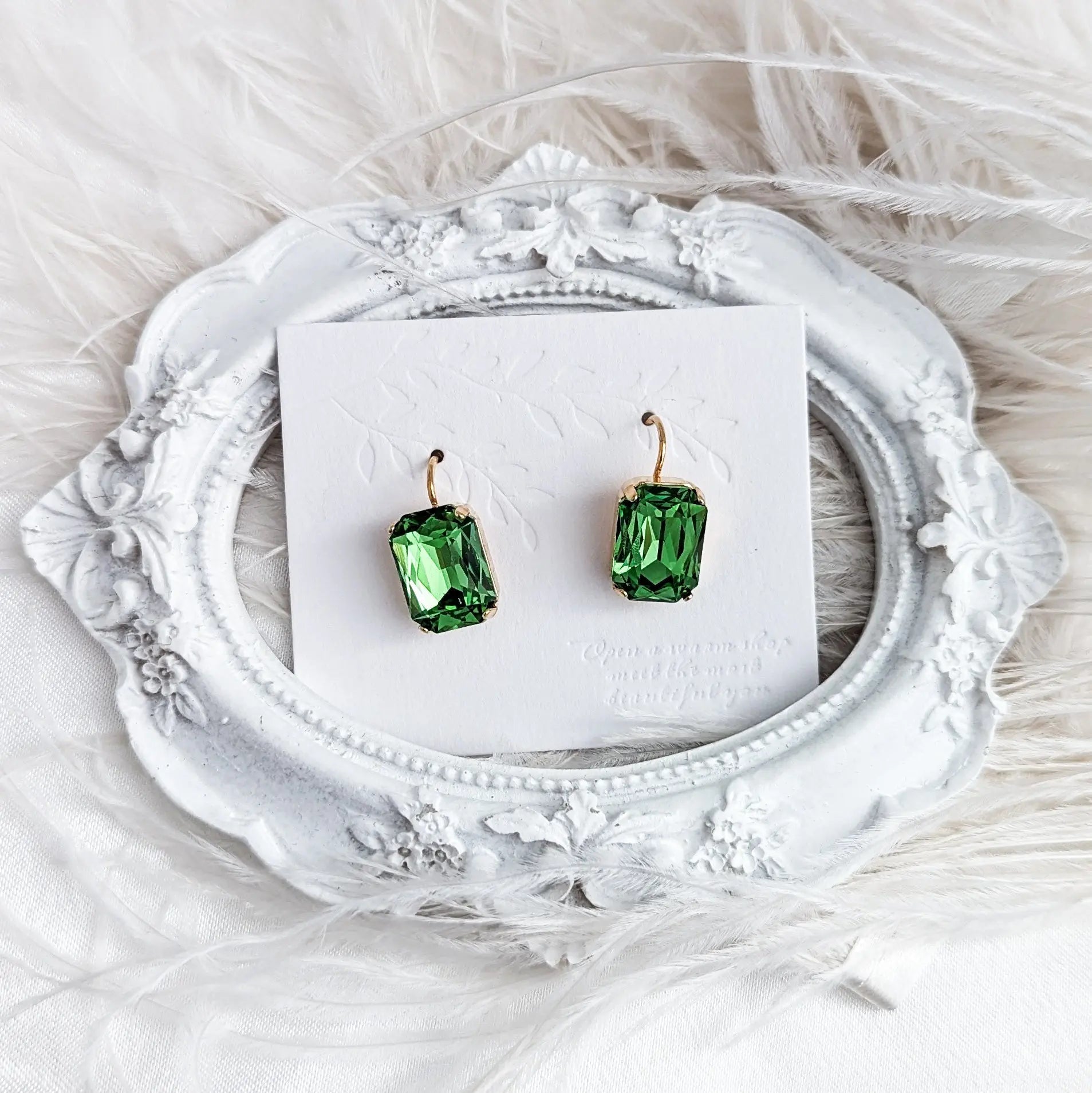Peridot green crystal gold emerald cut drop earrings - House of Hats