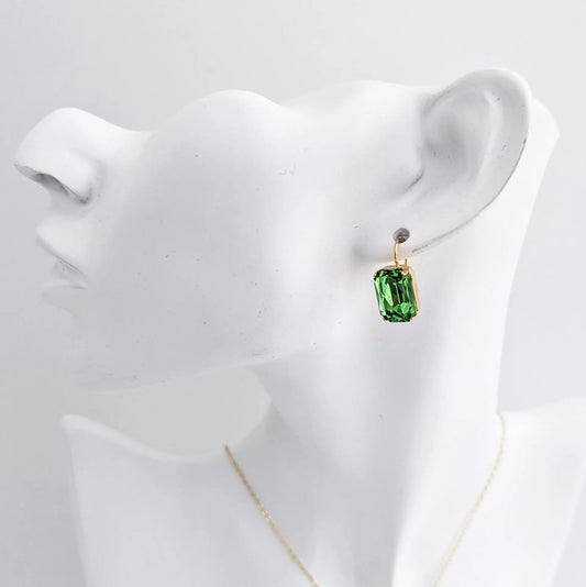 Peridot green crystal gold emerald cut drop earrings - House of Hats