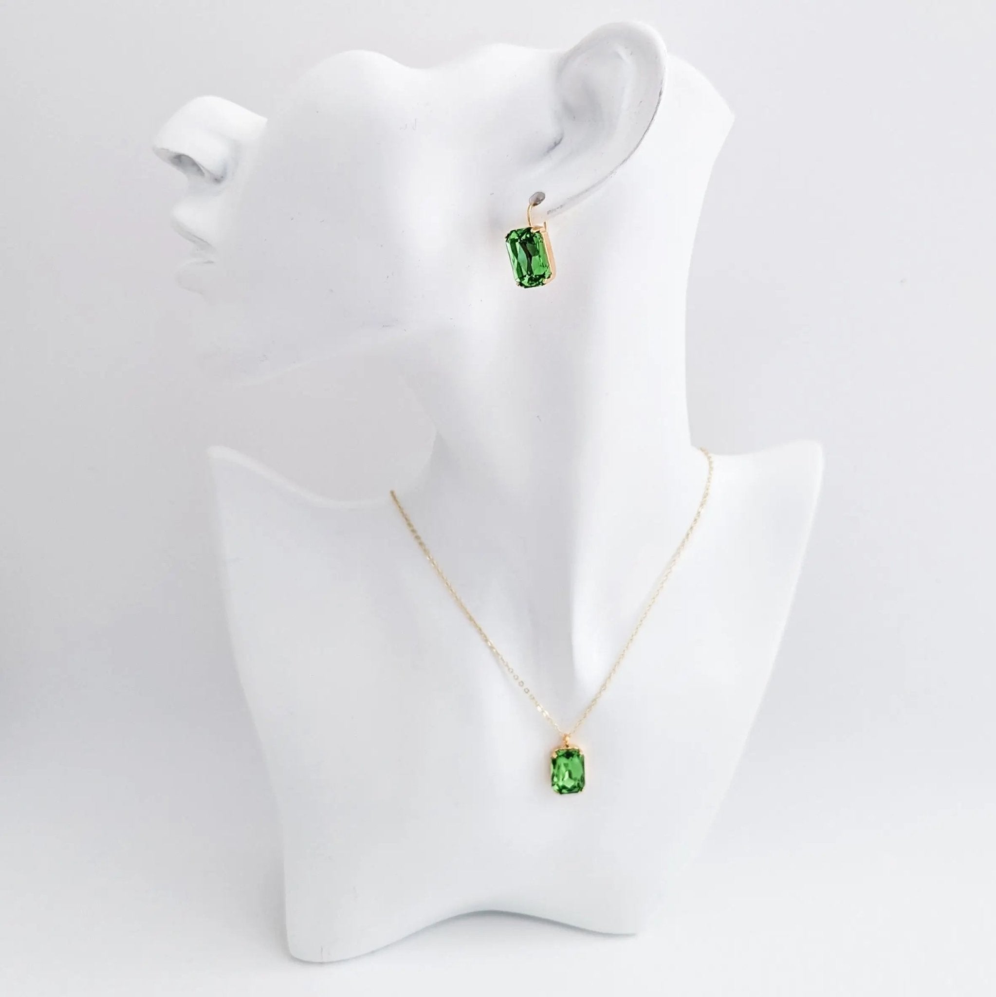 Peridot green crystal gold emerald cut drop earrings - House of Hats