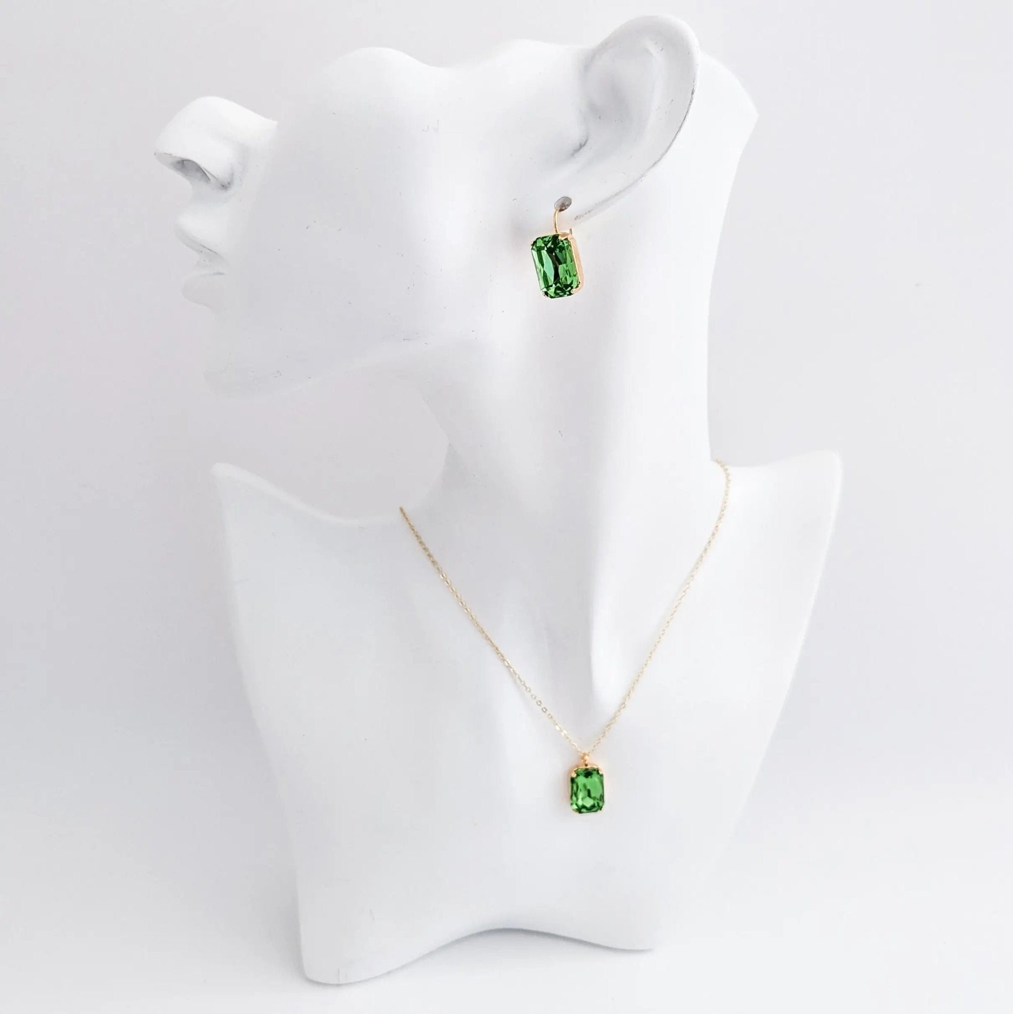 Peridot green crystal gold emerald cut drop earrings - House of Hats