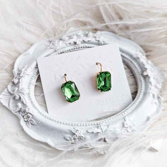 Peridot green crystal gold emerald cut drop earrings - House of Hats