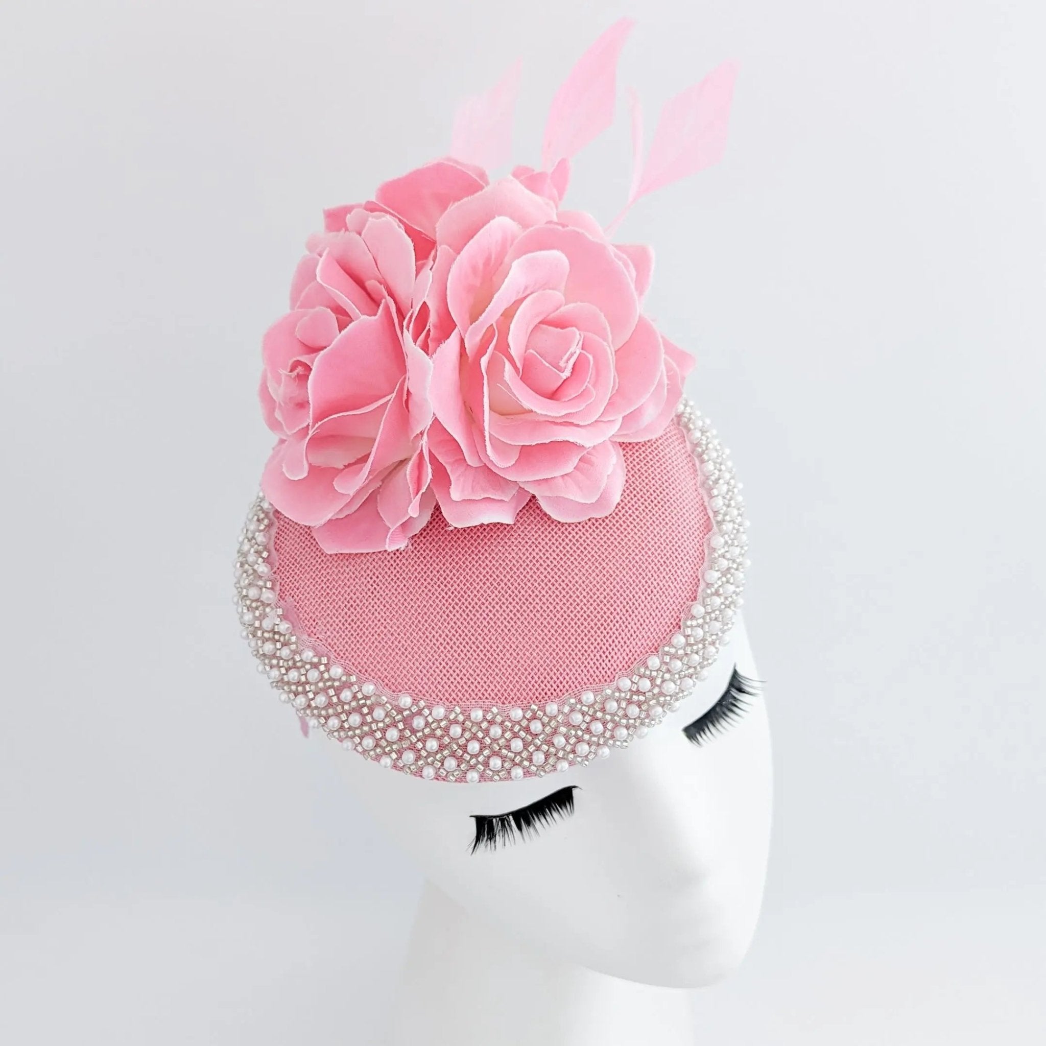 Pink beaded flower fascinator hat - House of Hats