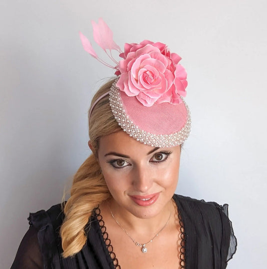 Pink beaded flower fascinator hat - House of Hats