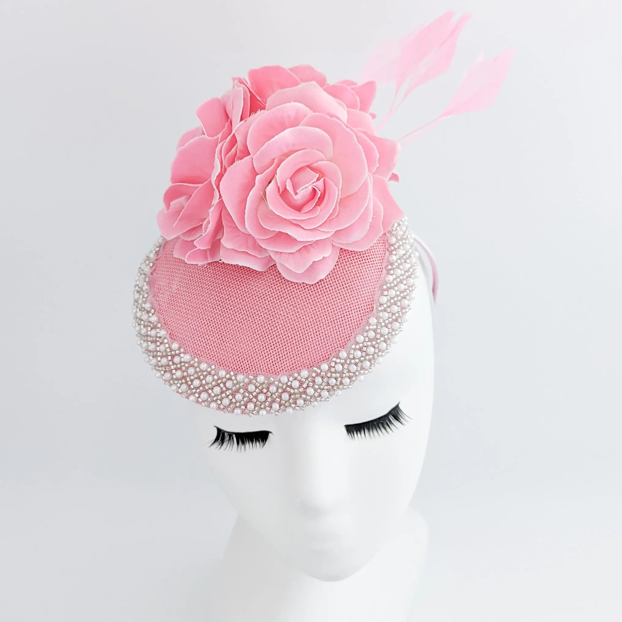 Pink beaded flower fascinator hat - House of Hats