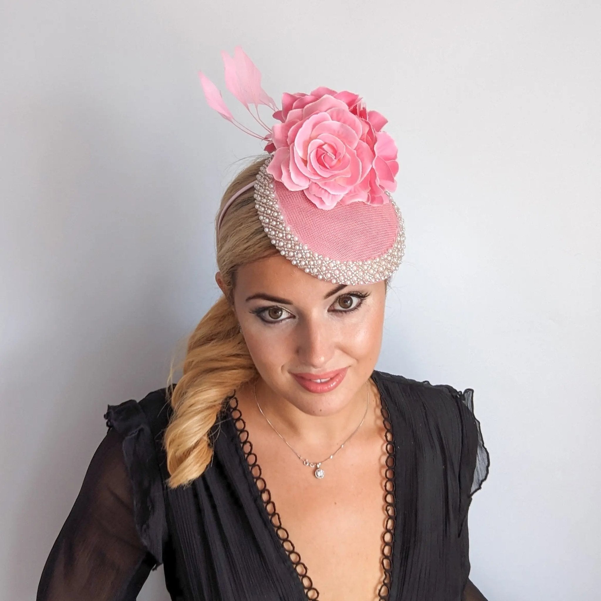 Pink beaded flower fascinator hat - House of Hats