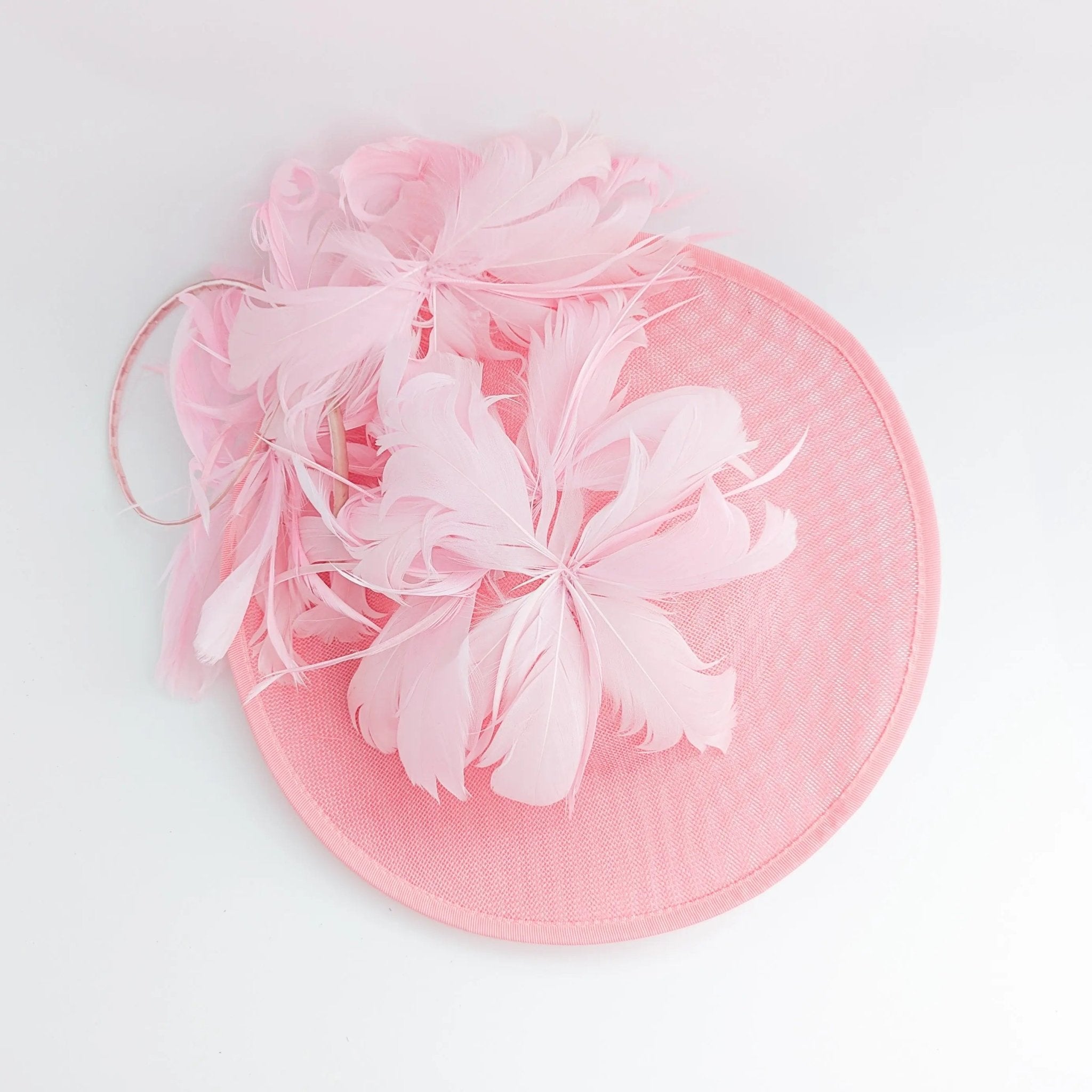 Pink large feather saucer disc fascinator hat - House of Hats