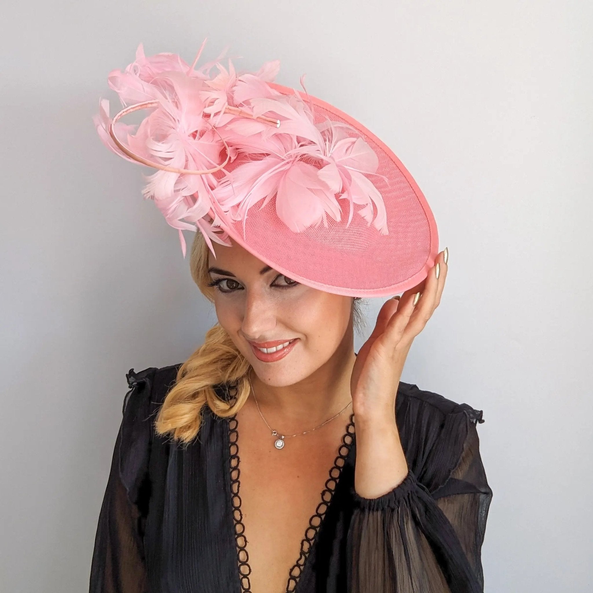 Pink large feather saucer disc fascinator hat - House of Hats