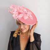Pink large feather saucer disc fascinator hat - House of Hats