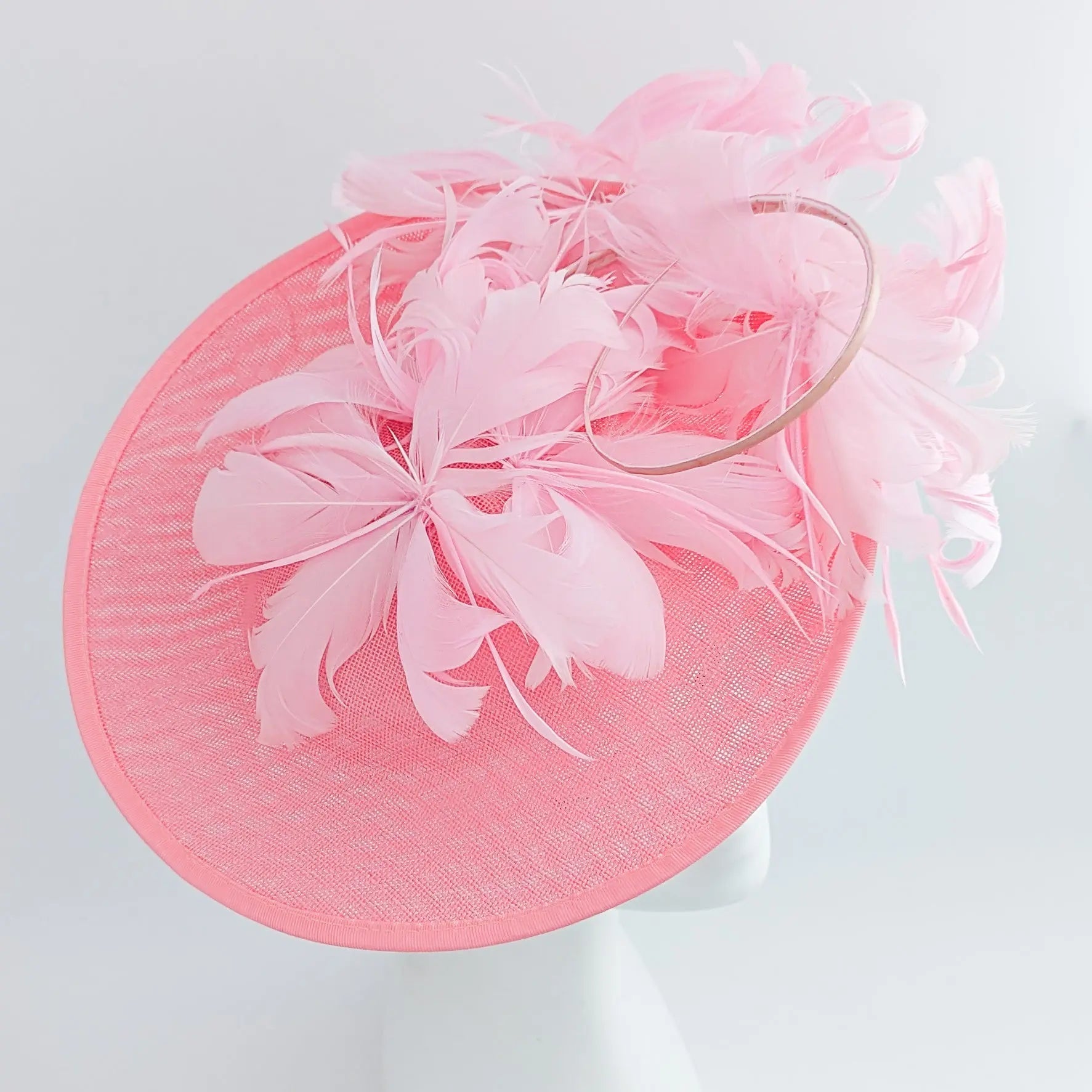 Pink large feather saucer disc fascinator hat - House of Hats