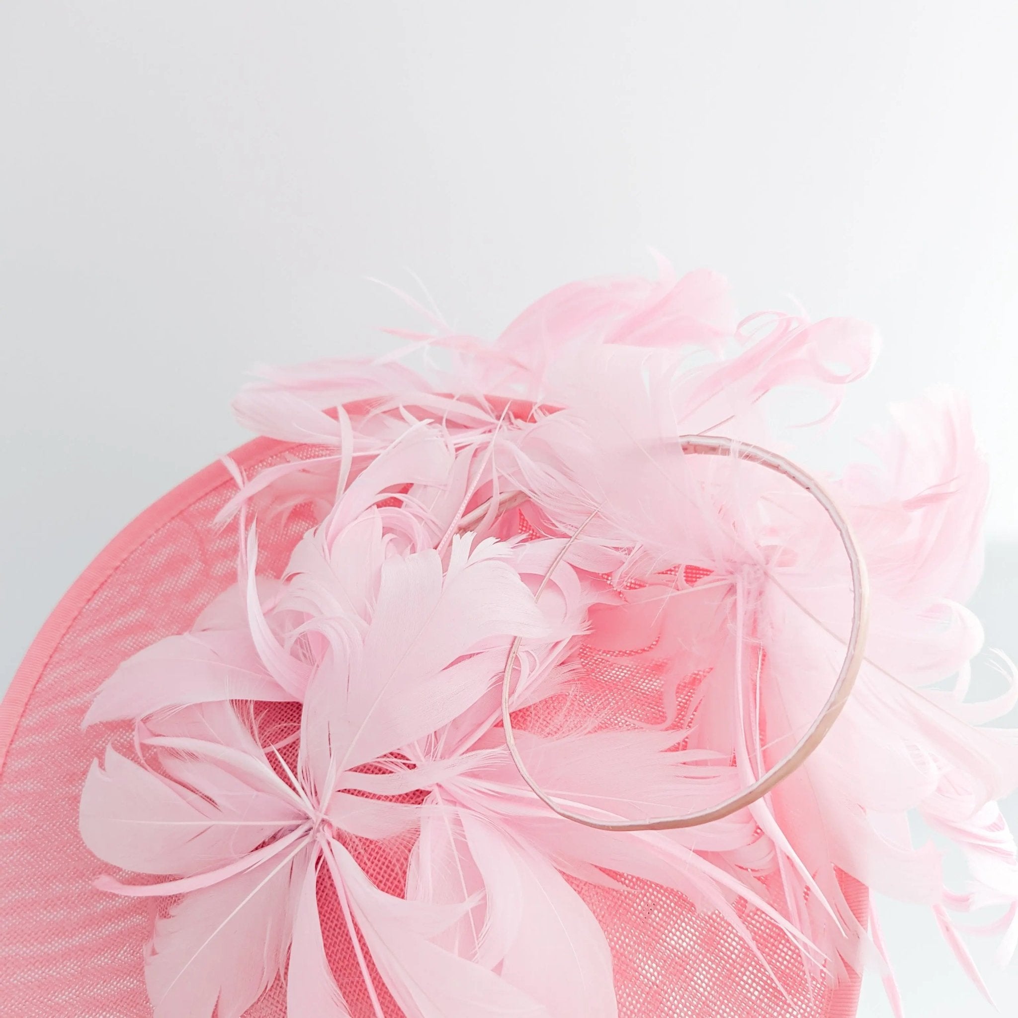 Pink large feather saucer disc fascinator hat - House of Hats