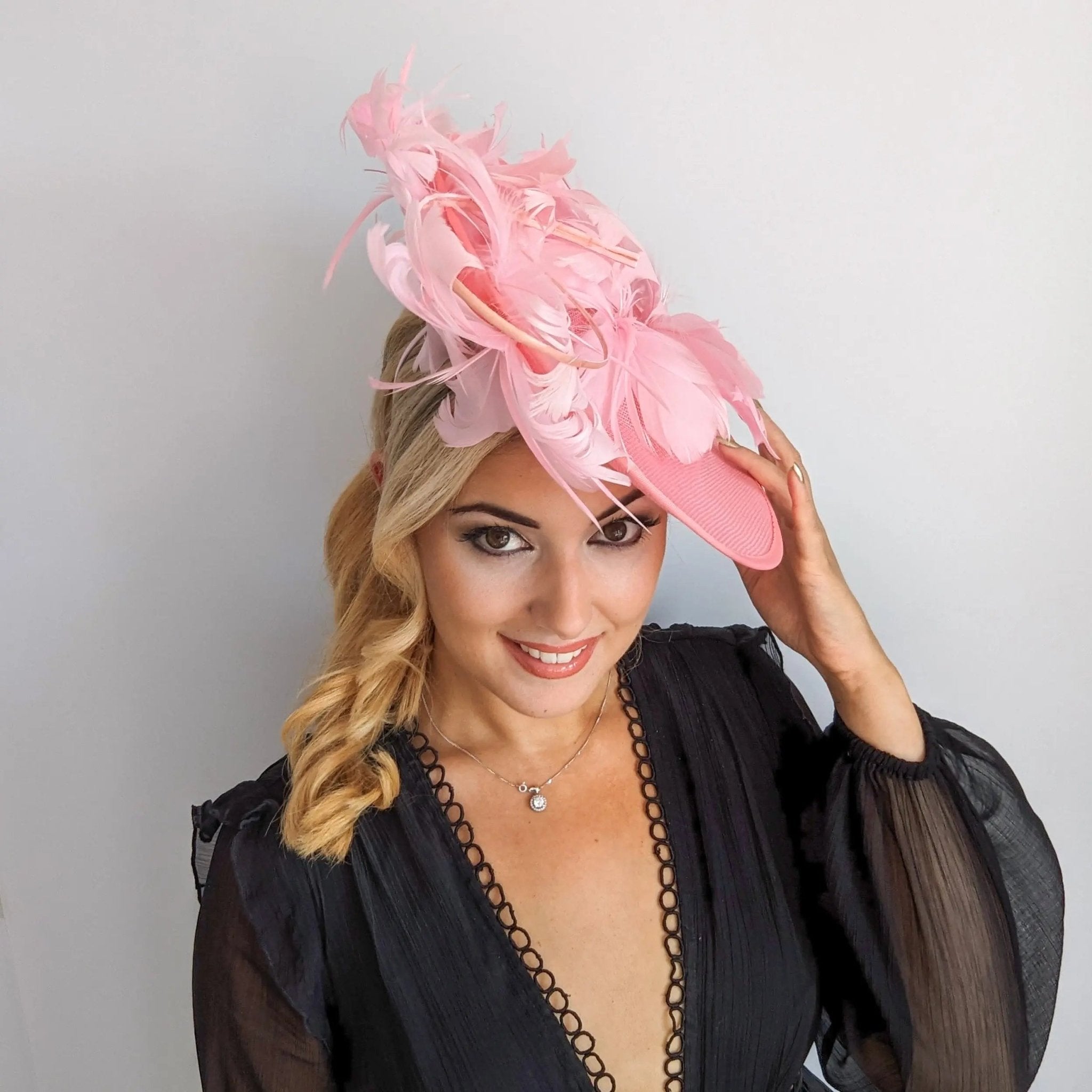 Pink large feather saucer disc fascinator hat - House of Hats