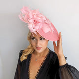 Pink large feather saucer disc fascinator hat - House of Hats