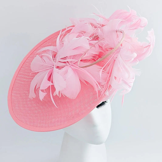 Pink large feather saucer disc fascinator hat - House of Hats